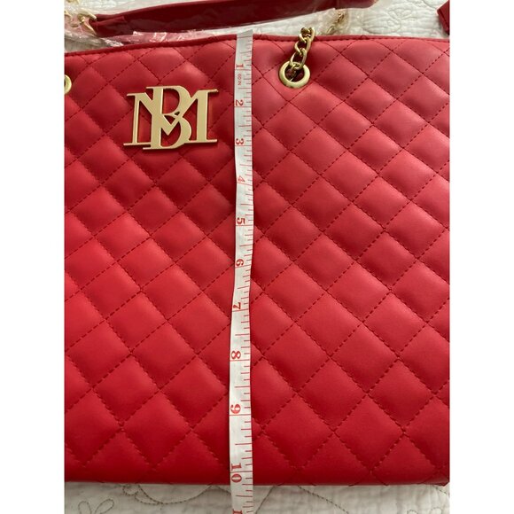 Badgley Mischka Vegan Leather Quilted Red Chain Strap Tote Bag With Gold Accents - Picture 8 of 8